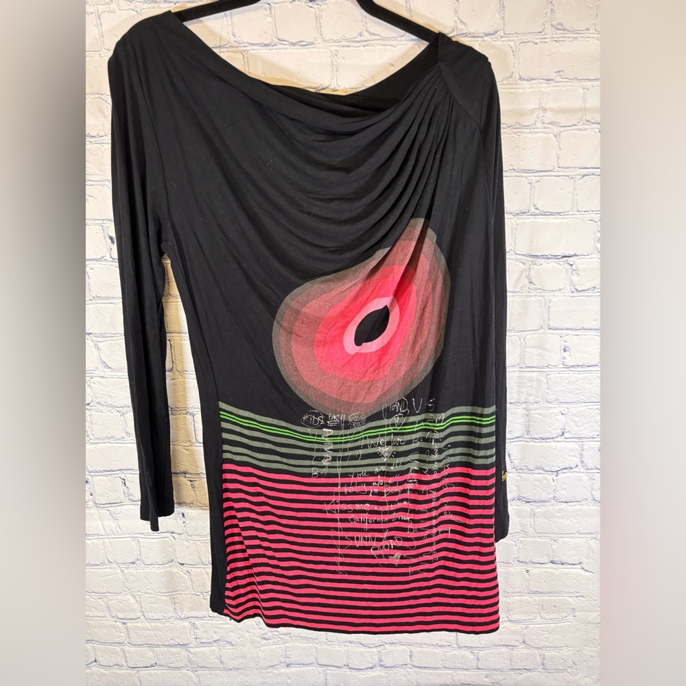 Desigual Long Sleeve Black Drape Asymmetrical Neckline Pink Bullseye Graphic XL